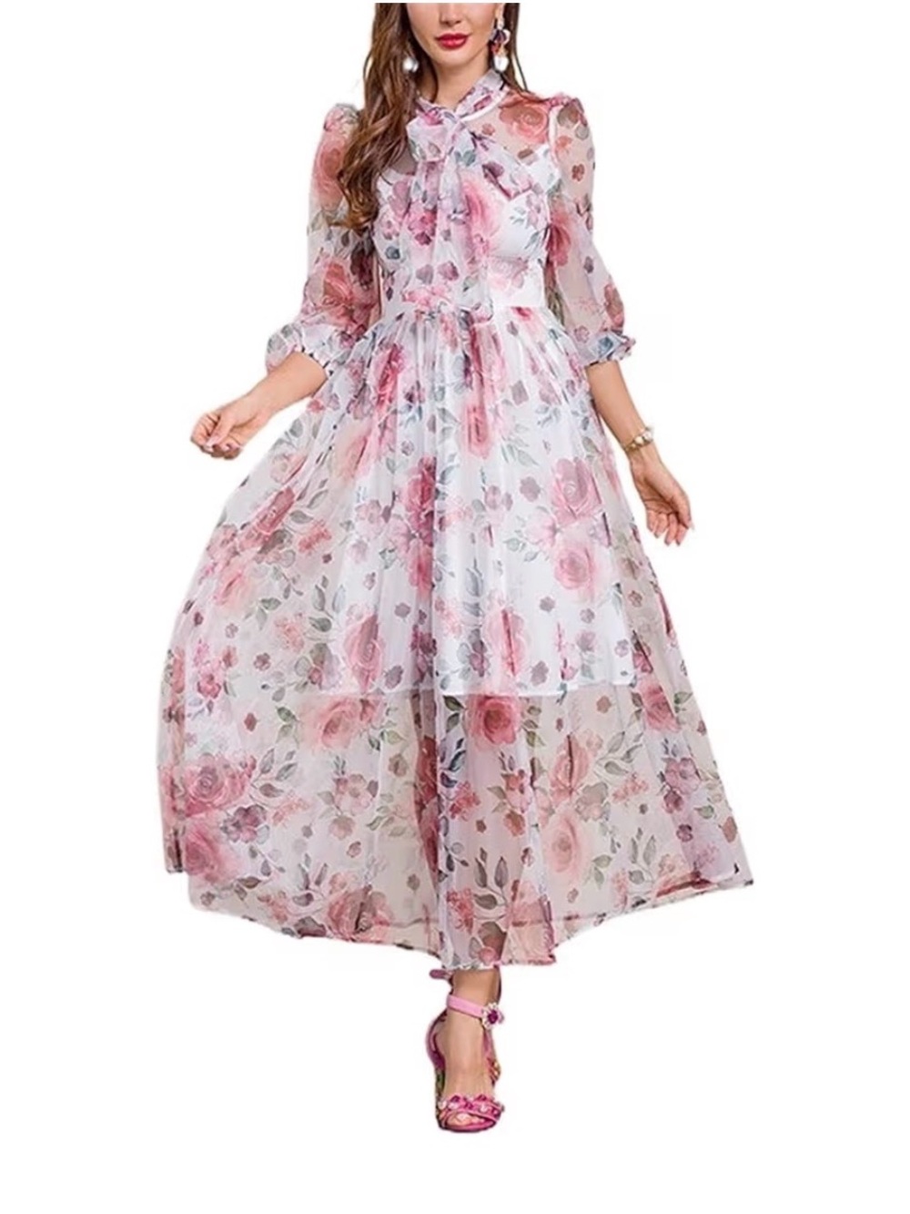Floral Pink Chiffon Tie-Neck Maxi Dress